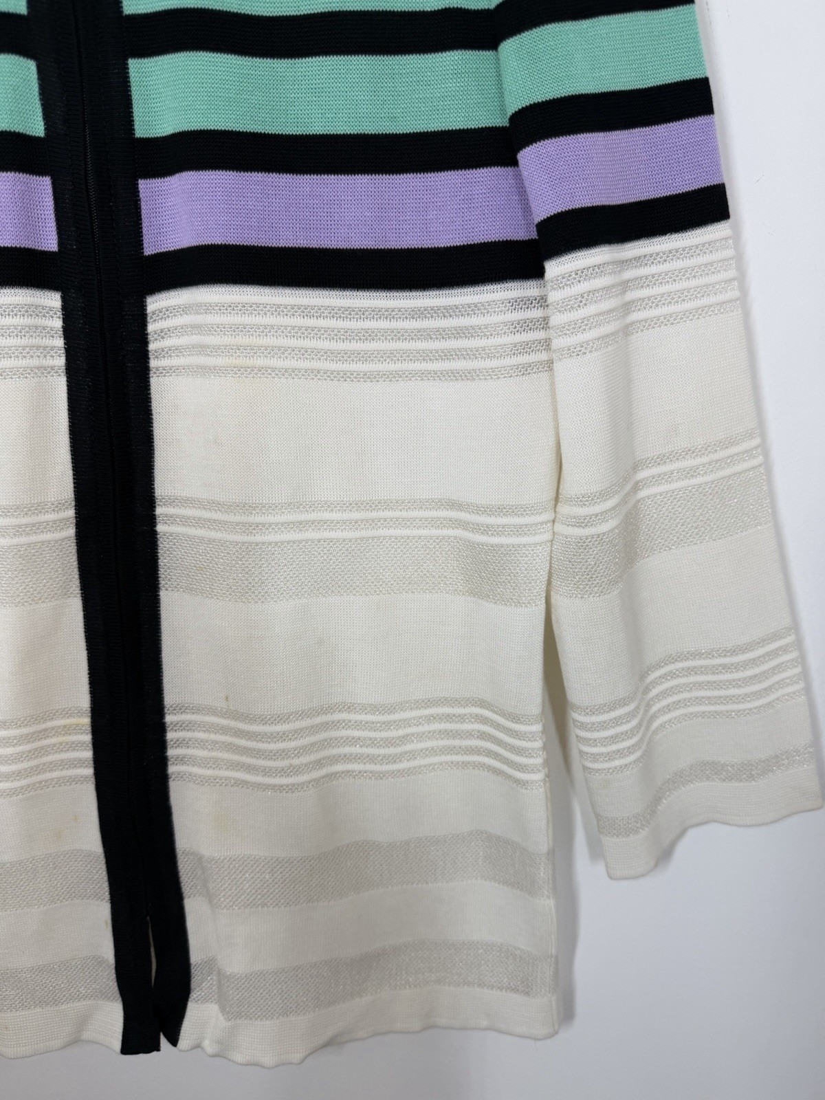 Ming Wang Cardigan Jacket Size Medium Stripe White Black Purple Green 3/4 Sleeve