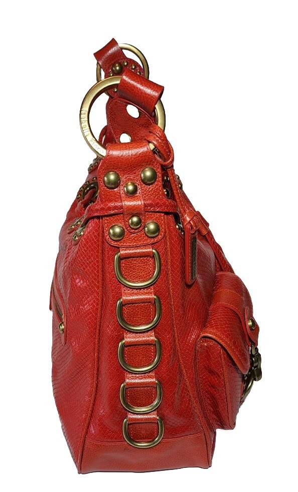 ISABELLA FIORE SNAKE CHARMER RED STUDDED EMBOSSED LEATHER SHOULDER HANDBAG $695