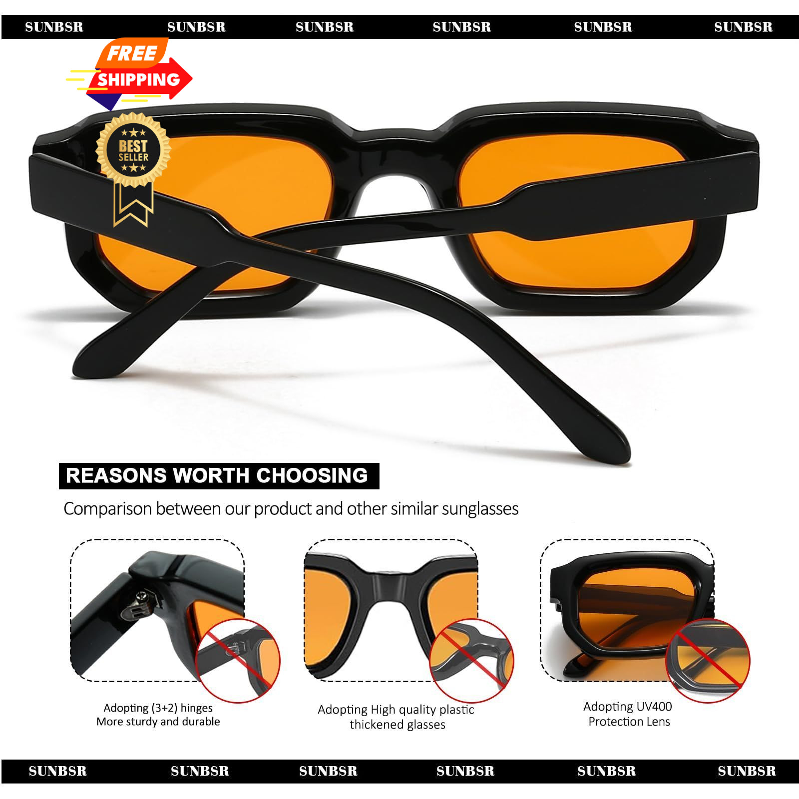 SUNBSR Retro Rectangle Sunglasses Mens Womens Orange 60mm, Grey+orange