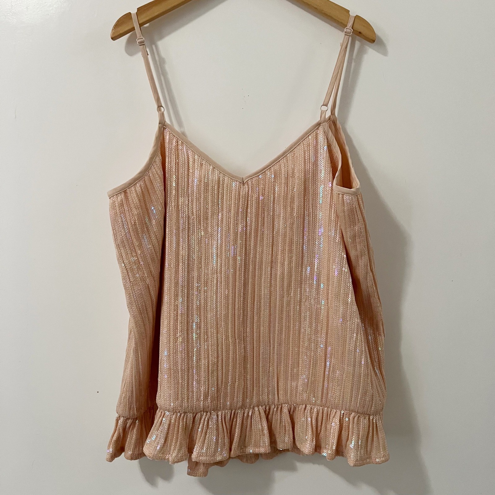 By Anthropologie Peach Iridescent Sequin Pleated Cami Peplum Top US 10 UK 14
