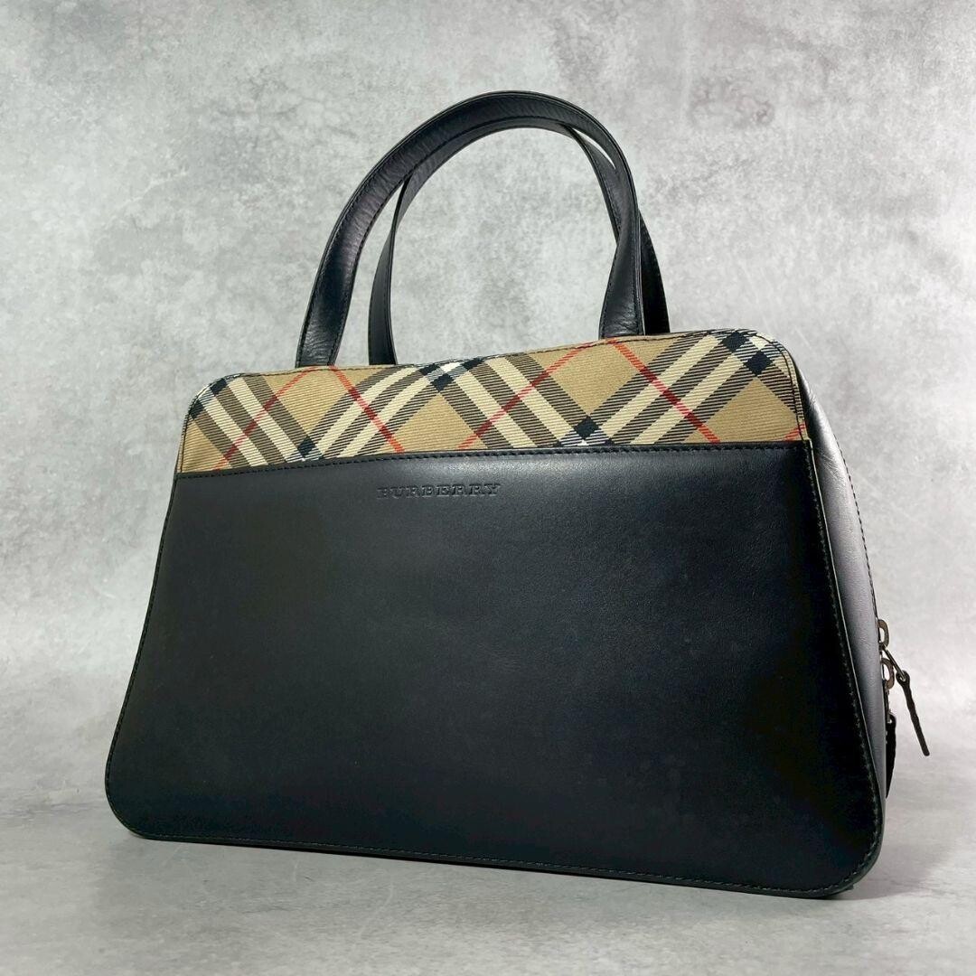 Burberry Nova Check Leather Canvas Handbag Black Beige Auth
