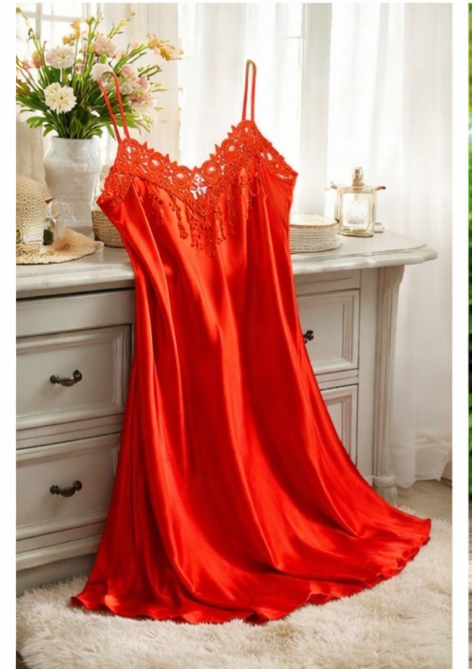 Sexy Red Satin Nightgown Lace V-Neck Chemise Sleepwear Lingerie Dress SIZE S