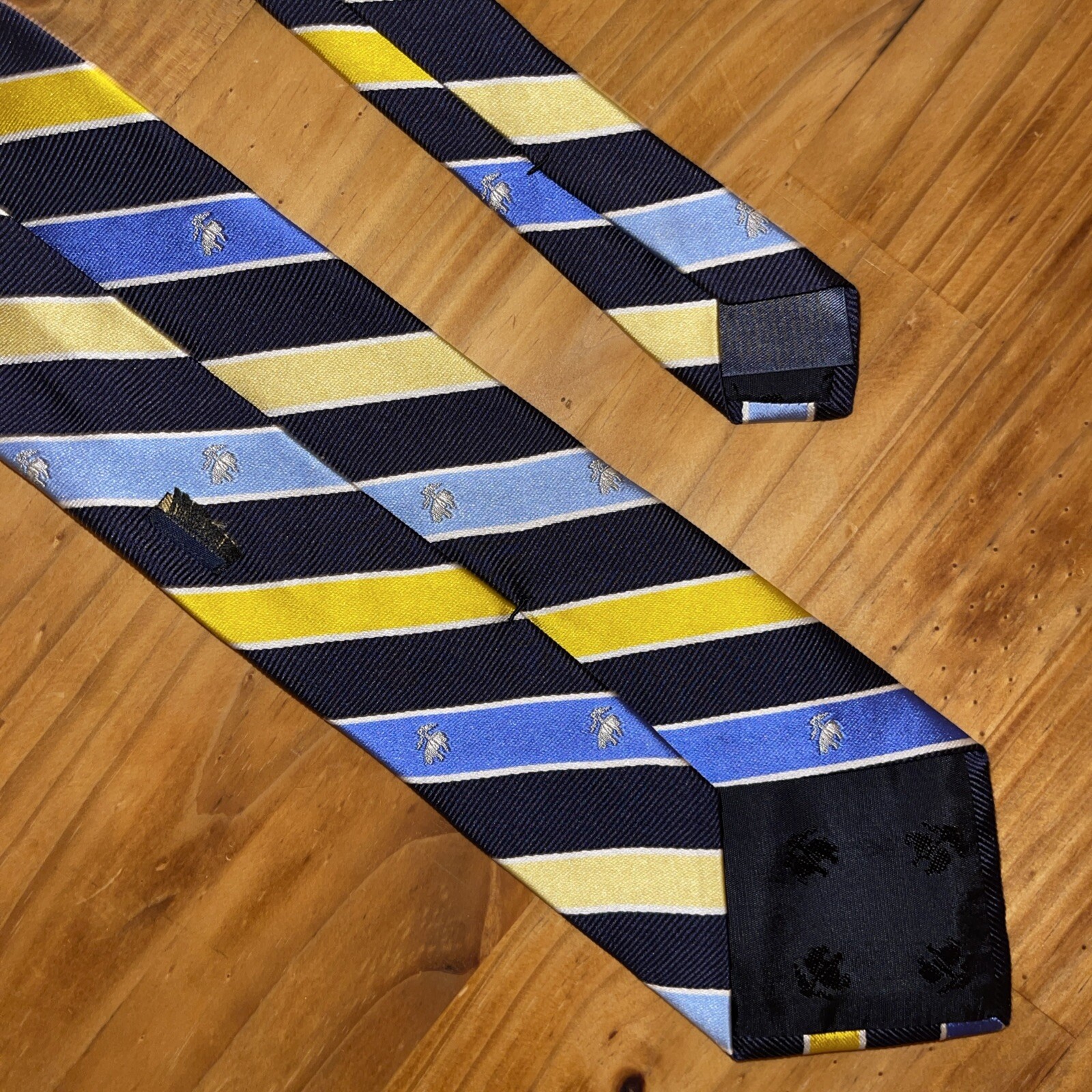 Brooks Brothers Neck Tie Men Logo Striped Yellow Navy Blue Repp