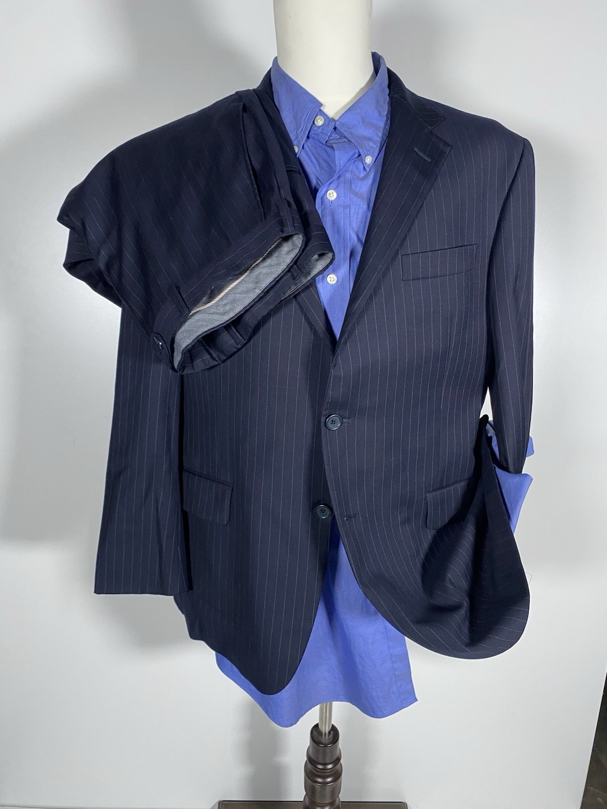Hickey Freeman Milburn 44S Navy Pinstripe Wool 2pc Suit Jacket Pants W40 X L29