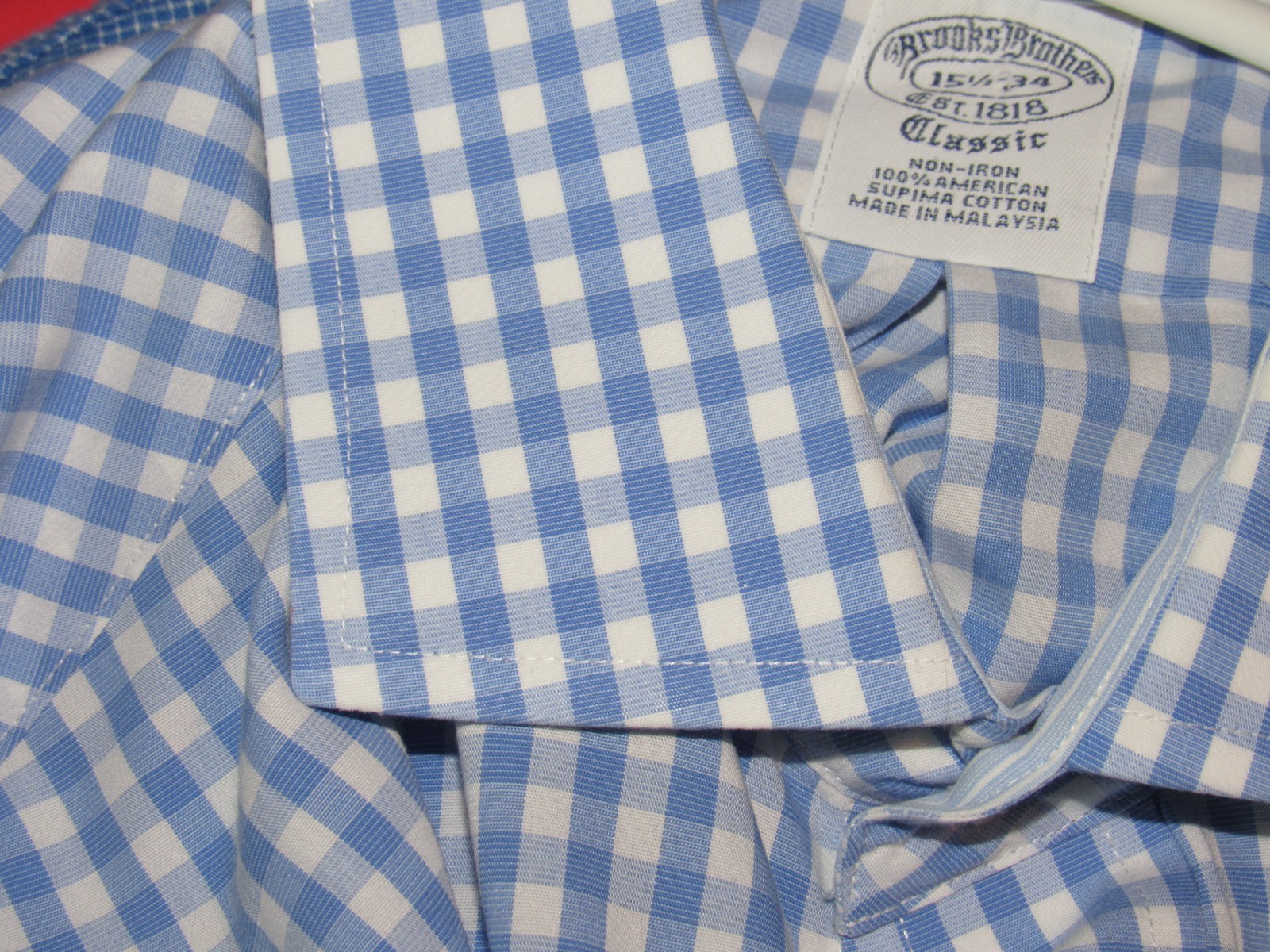 BROOKS BROTHERS Men’s 15 1/2 34 Classic Dress Shirt Blue White Check NON IRON
