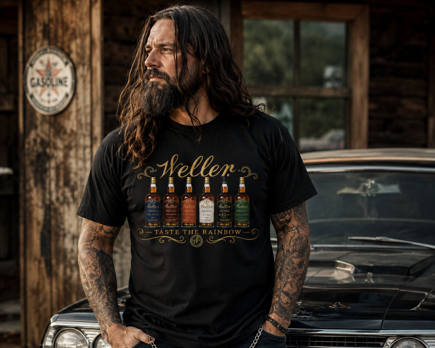 Weller Taste The Rainbow Bourbon Whiskey Graphic T-Shirt Men’s Black Tee Gift