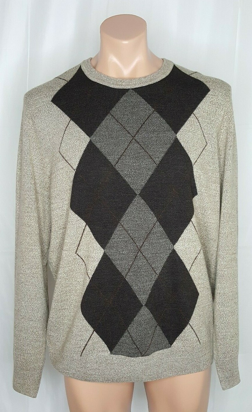Dockers Men’s Beige Multi Argyle Long Sleeve Crew Neck Pullover Sweater Size XL