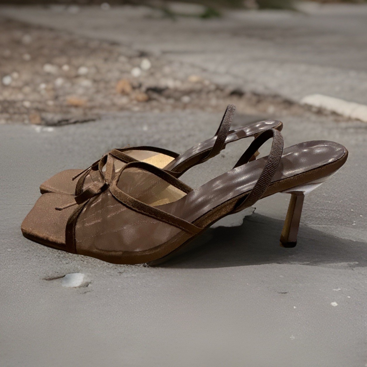 Women’s Brown Leather Strappy Square Toe Slingback Slip-On Stiletto Heels 8