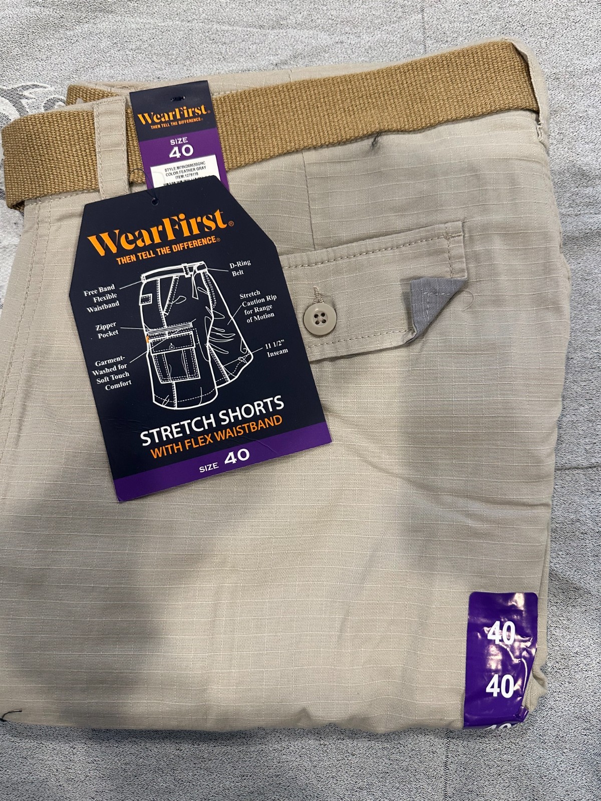 Mens WearFirst Cargo Shorts with Belt, Size 40, NWT
