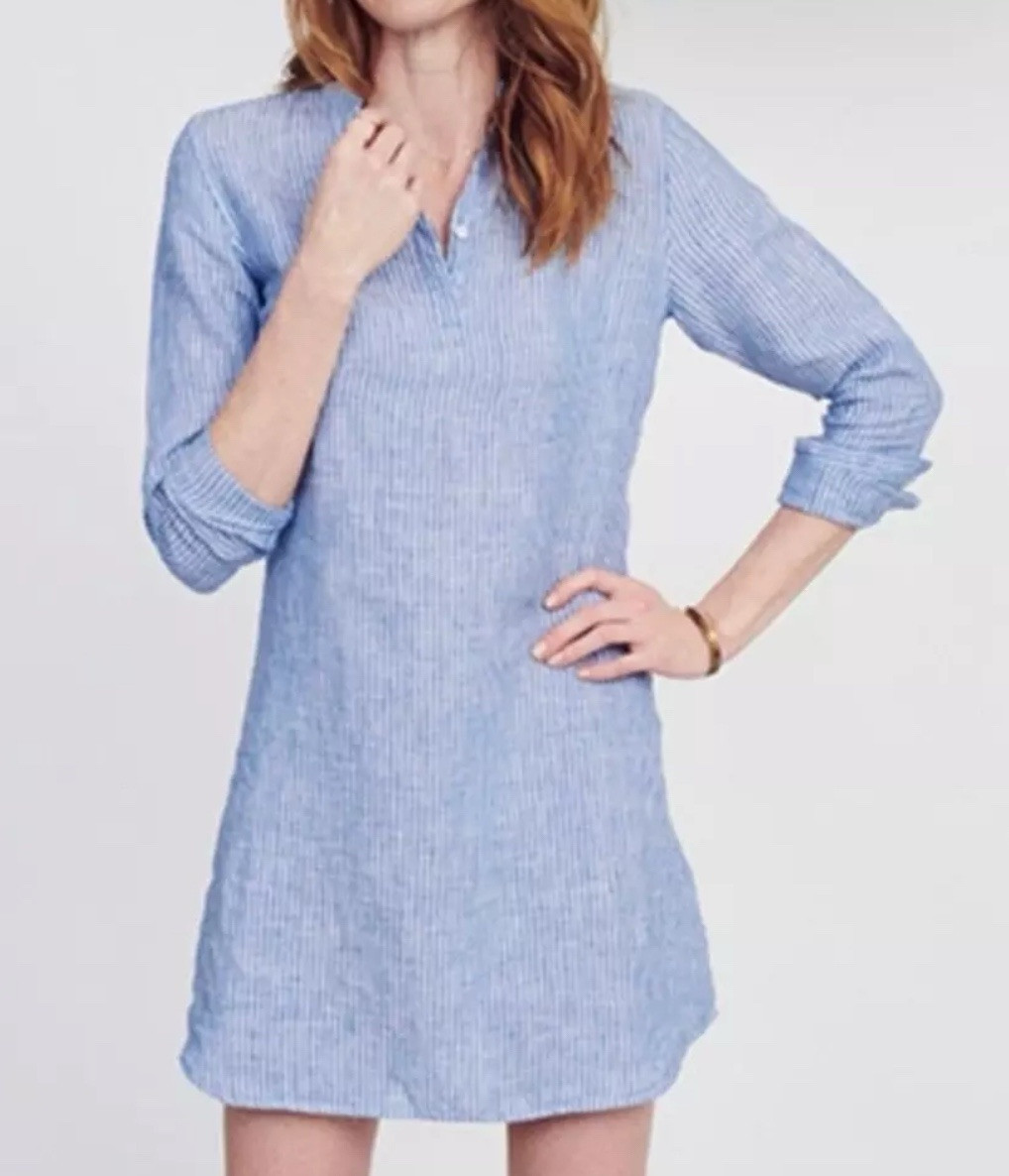 UNTUCKit Constantia Shirt Dress Womens Size 14 Blue Striped Linen NWT Restort