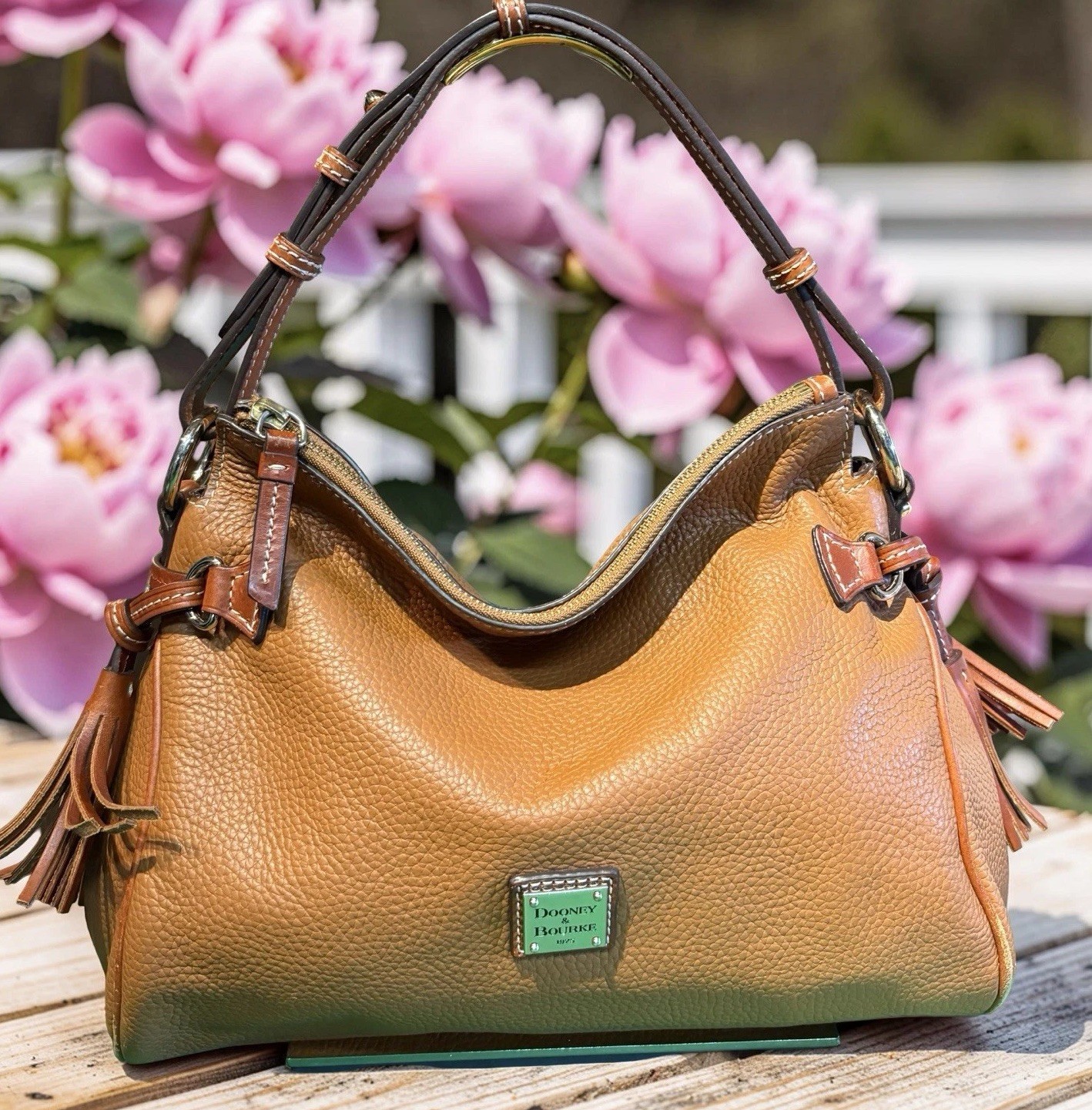 Dooney Bourke Caramel Brown Hobo Zip Shoulder Bag Pebbled Leather