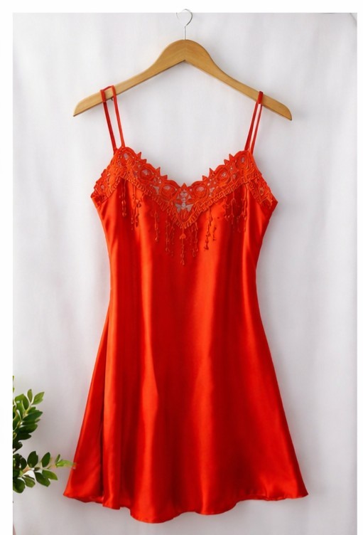 Sexy Red Satin Nightgown Lace V-Neck Chemise Sleepwear Lingerie Dress SIZE S
