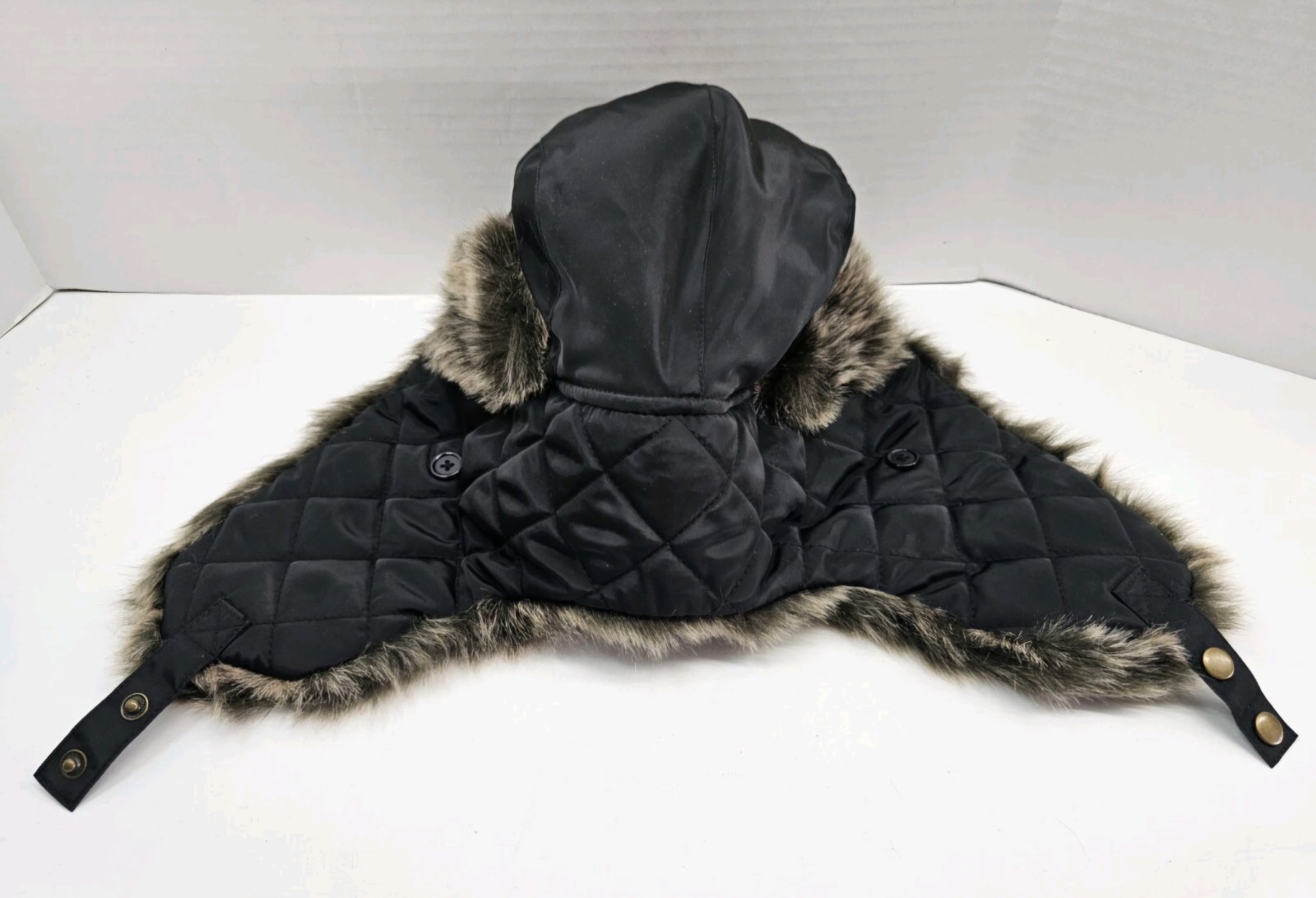 Trapper Hat Genuine Fur Trim Quilted Black with Brown Fur One Size
