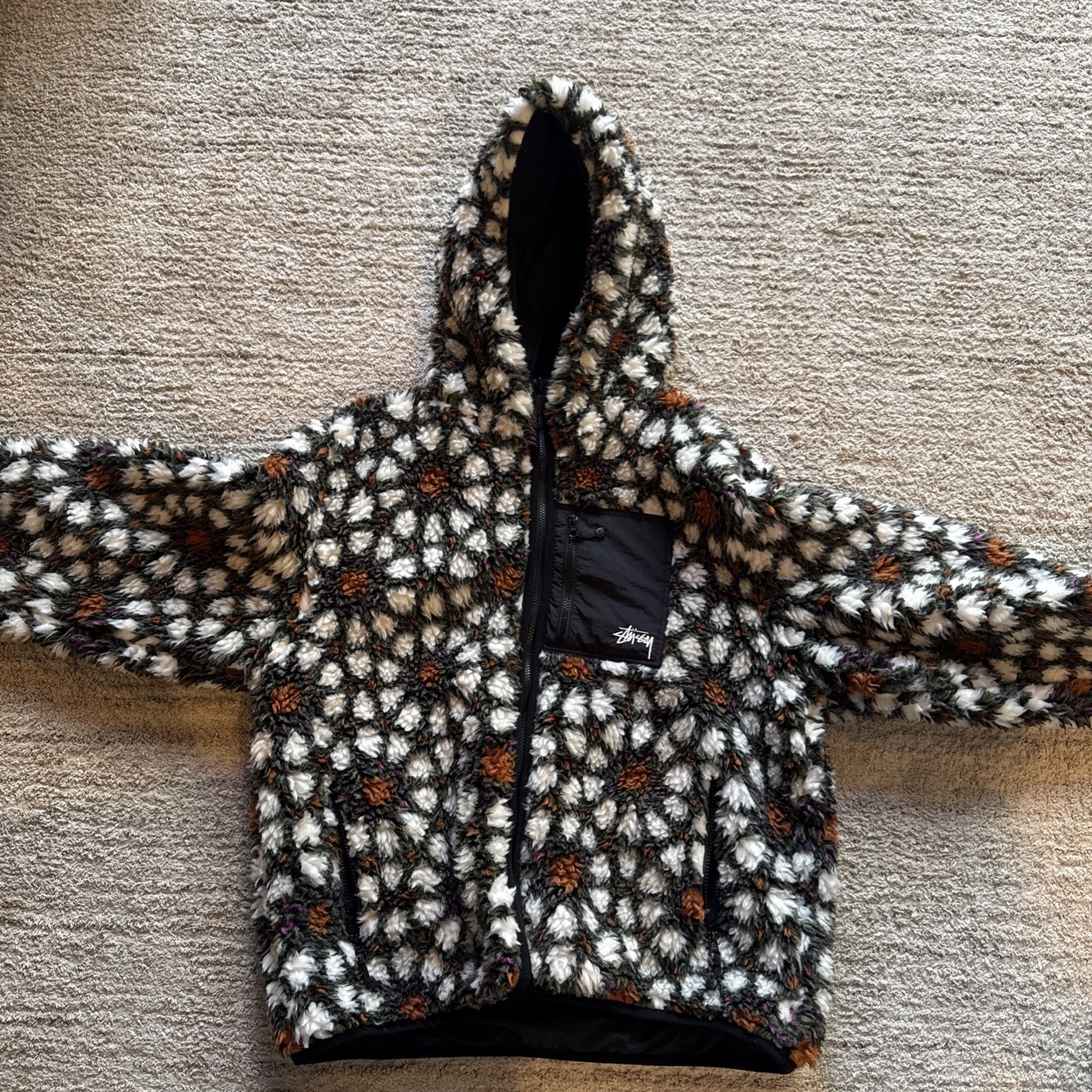 Stussy Pattern Sherpa Reversible Jacket Men’s Size XL Natural Authentic FW22