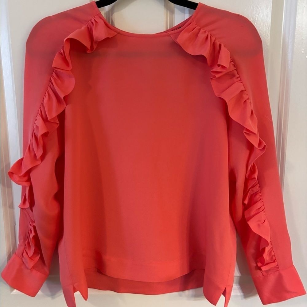 J.Crew 100% Silk Coral Red Blouse Size 2 Ruffle Sleeve Tomato Red Top Workwear