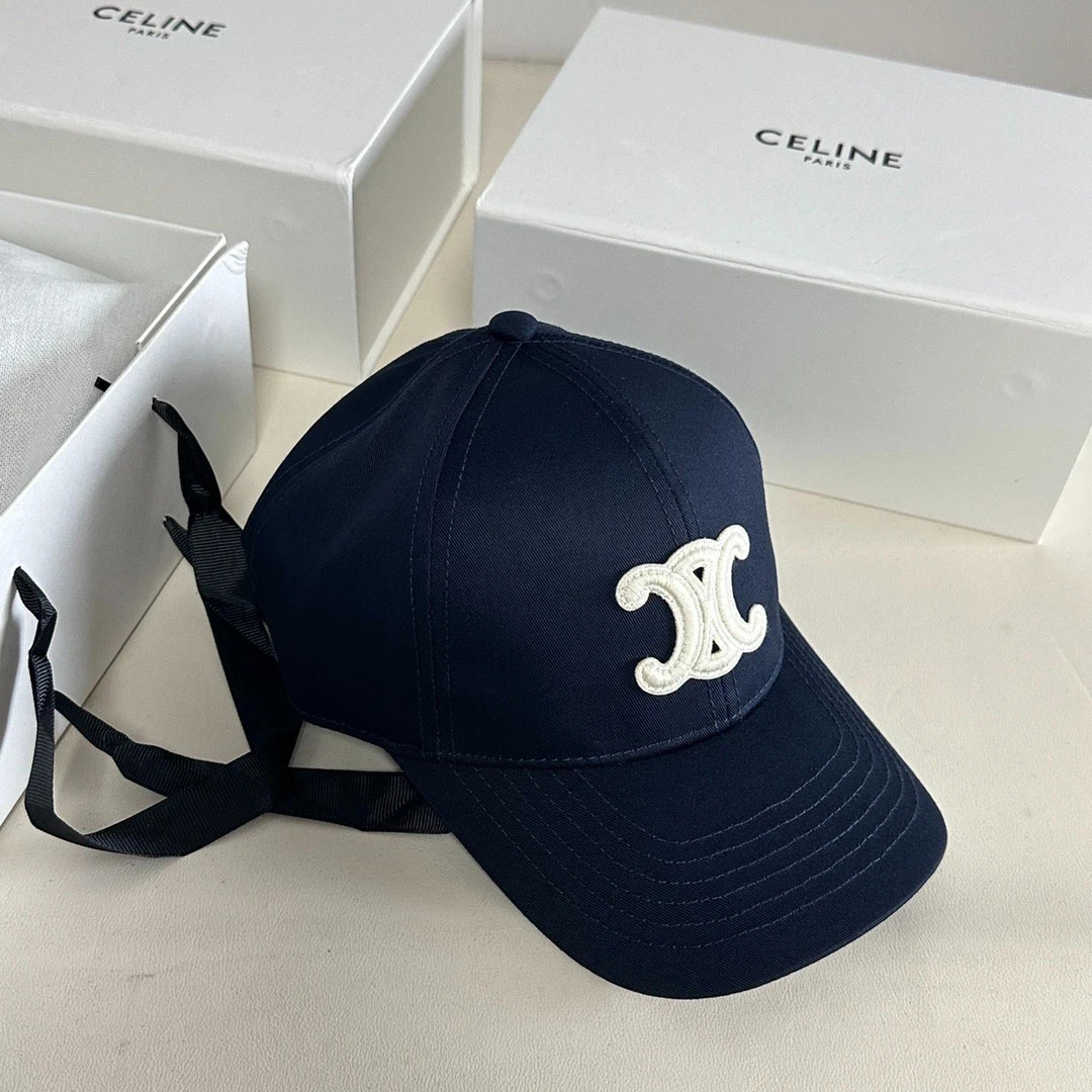 Celine Navy Baseball Cap White Triomphe Logo Women Preppy
