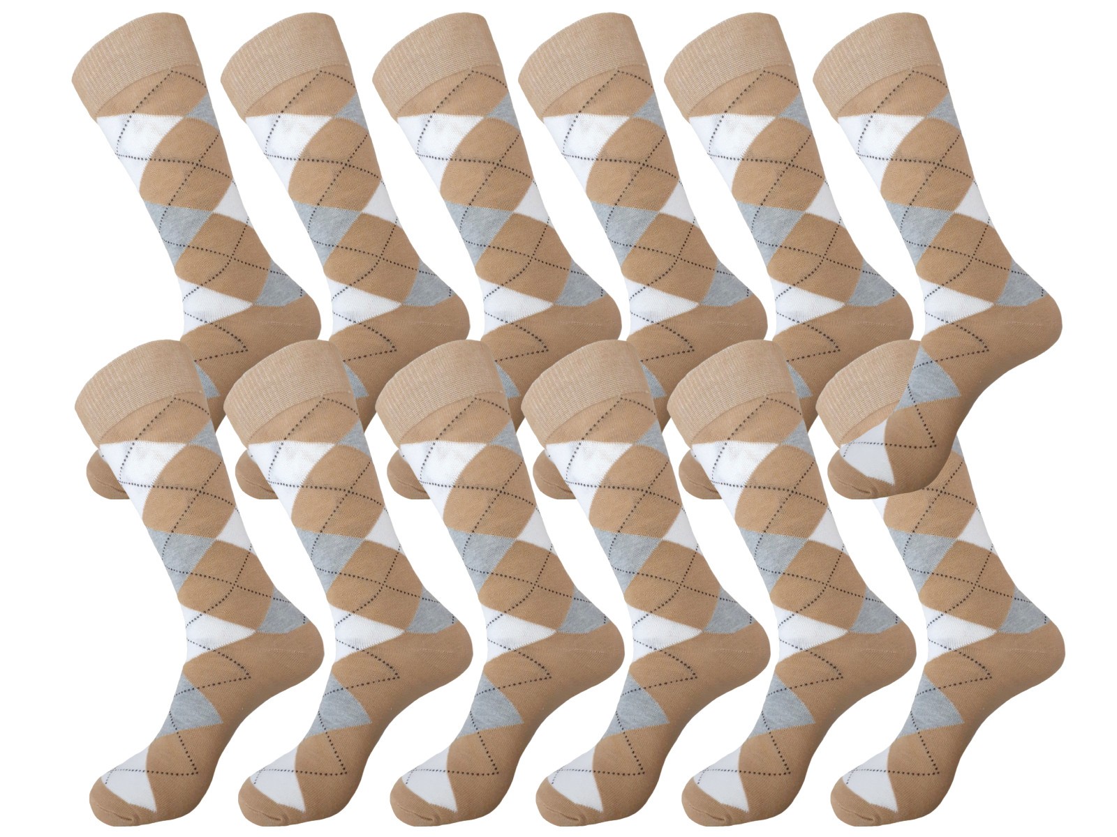 12-6-3-1 Dress Socks Argyle Diamond BEIGE WHITE GRAY COTTON Socks TRUE TO SIZE