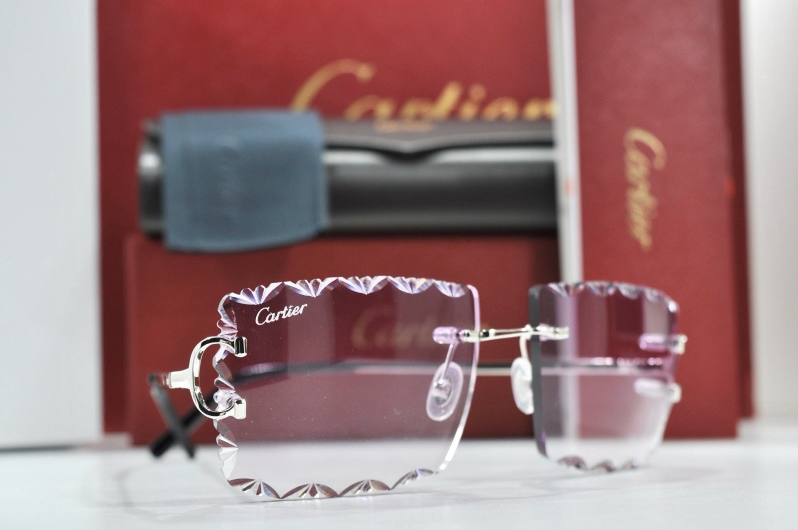 Cartier rimless sunglasses piccadilly glasses Diamond Cut BIG C silver Frame