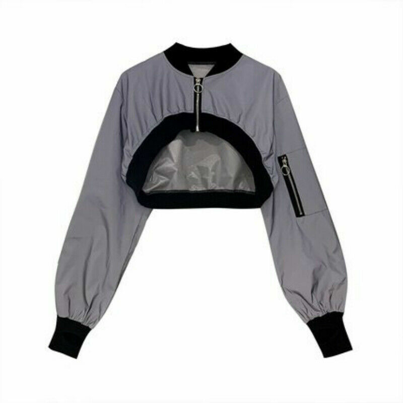 Women Reflective Crop Top Zipper Bomber Jacket High Waist Coat Party Outfit