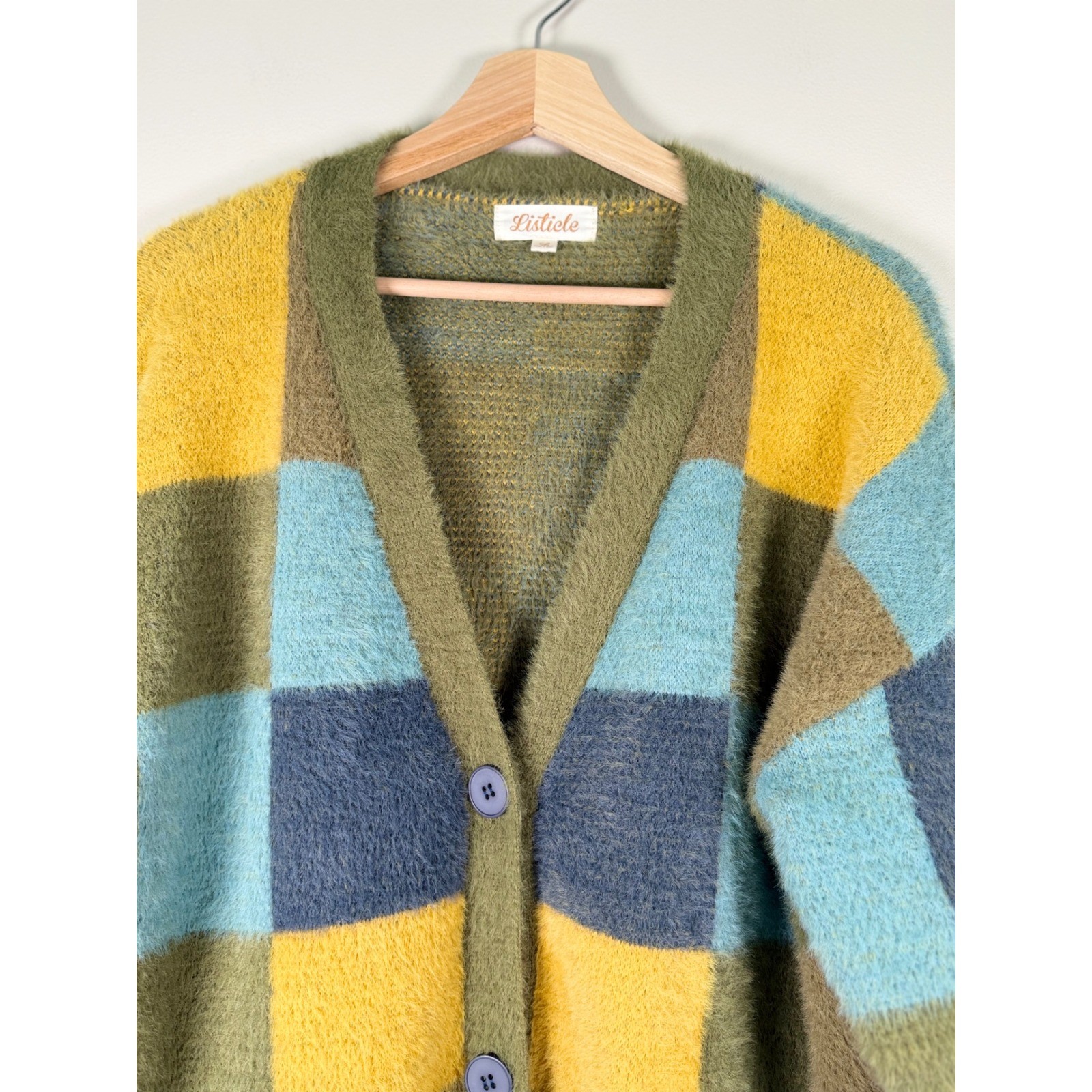 Listicle Women Green Yellow Blue Checkerboard Fuzzy Eyelash Knit Cardigan Large