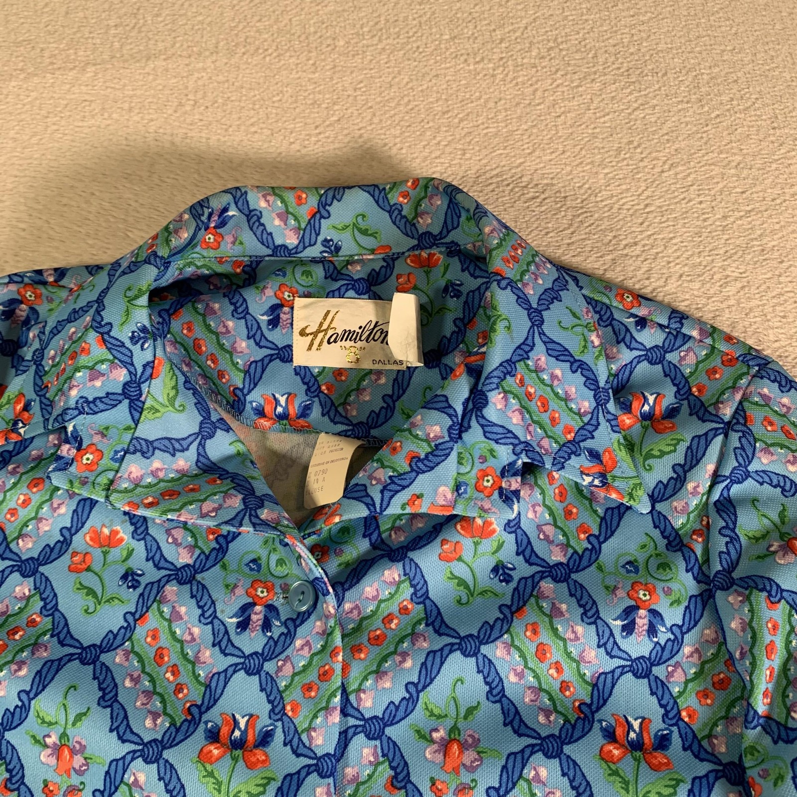 Vintage Hamilton Blouse Womens Size 14A Blue Floral Tunic Collared 70s Polyester
