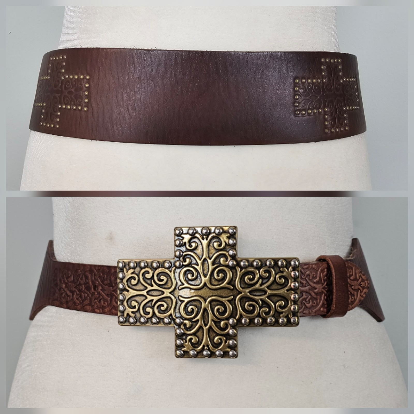 ENMON L 37-41″ ROCK ⭐️ Studded Brown Cross Buckle Wide Leather Belt Vintage