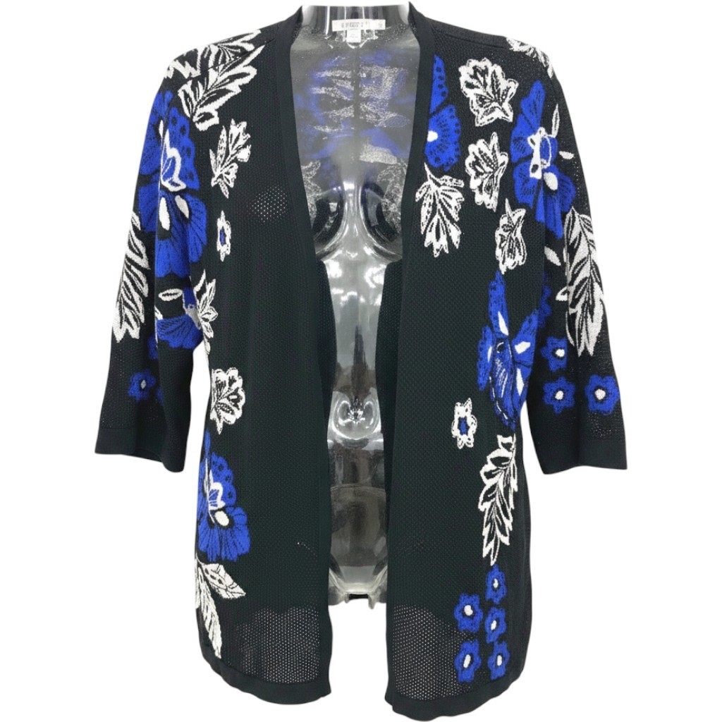 Chico’s 1 Black & Blue Floral Mesh Knit Cardigan Whimsigoth Dark Romance Chic