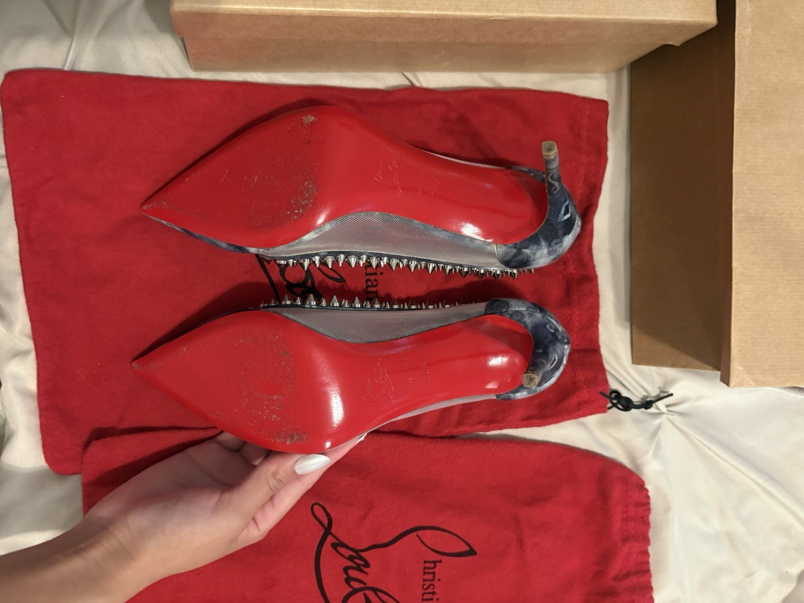 Christian Louboutin Studded Spike Denim Mesh Pointed Toe Pumps US 7 EU 38.5