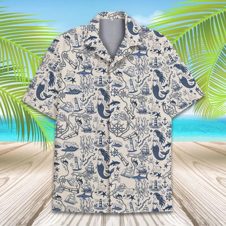 Nautical Mermaid Hawaiian Shirt Men Beach Vacation Aloha Tropical Top