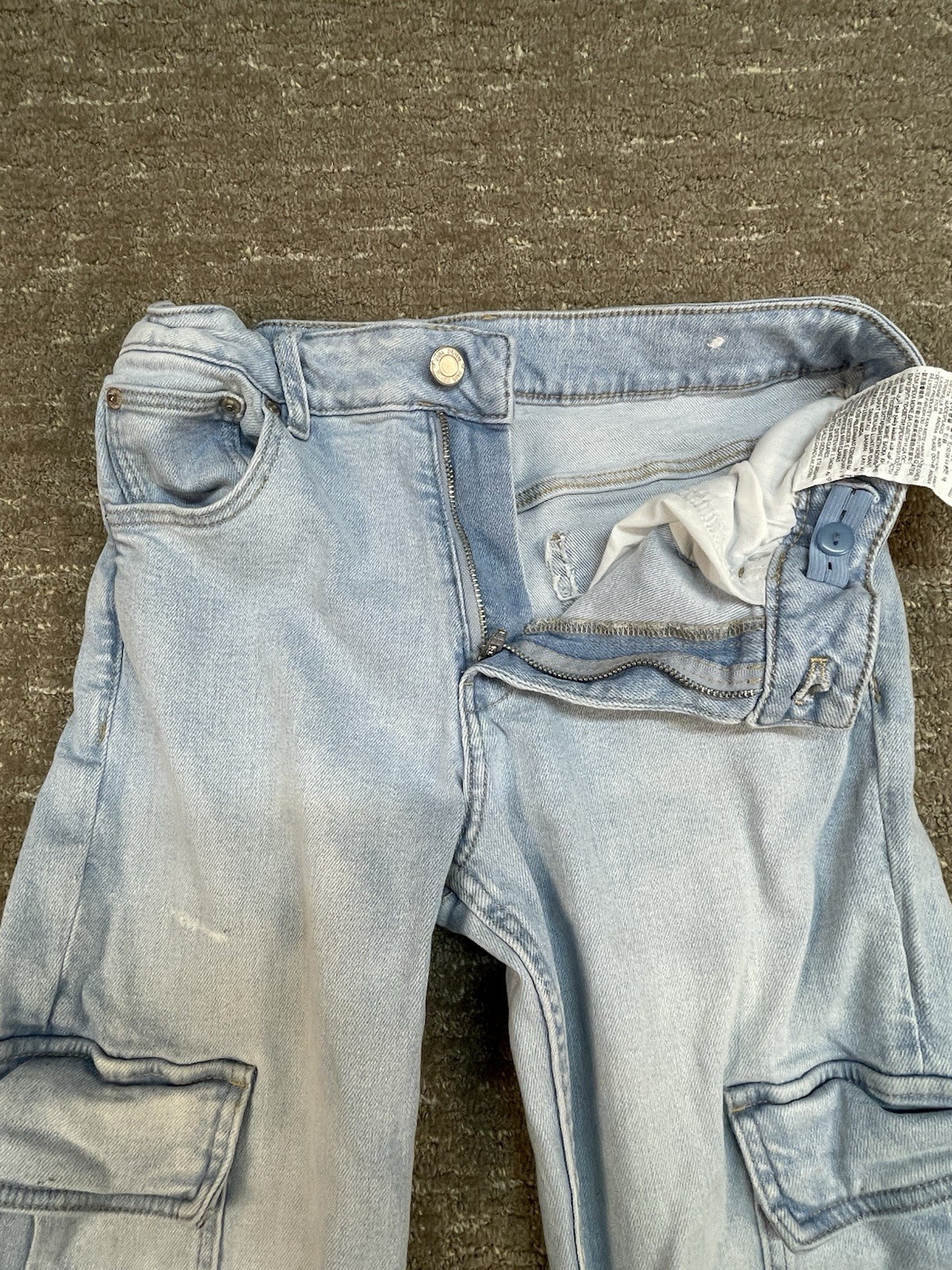 Zara Size 13–14 Cm 164 Adjustable Waist Cargo Jeans Light Wash Raw Hem