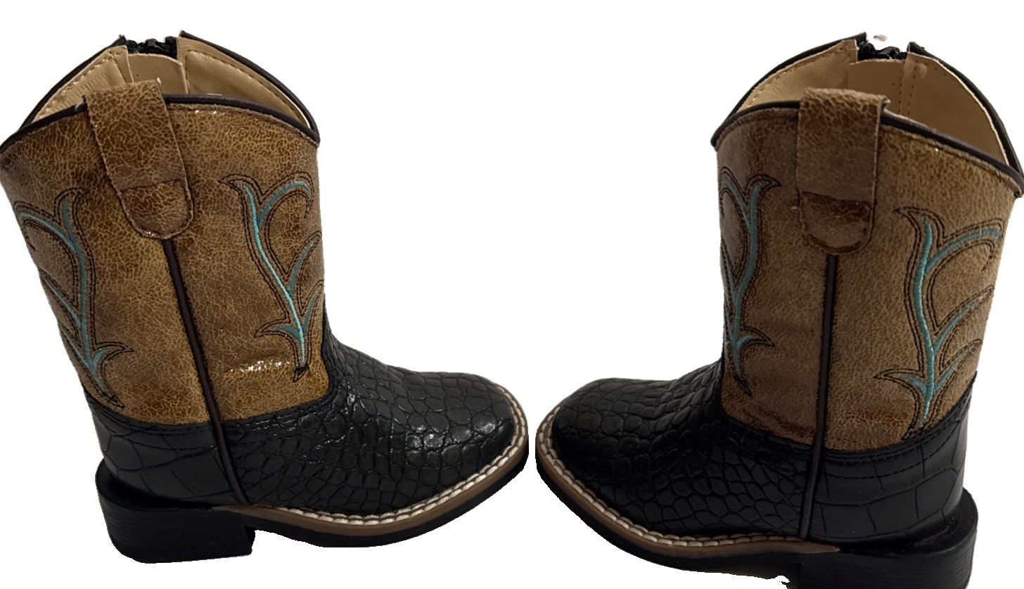 Old West Alligator Print Western Toddler Boots Size 5.5-D Black Brown EUC Cute!