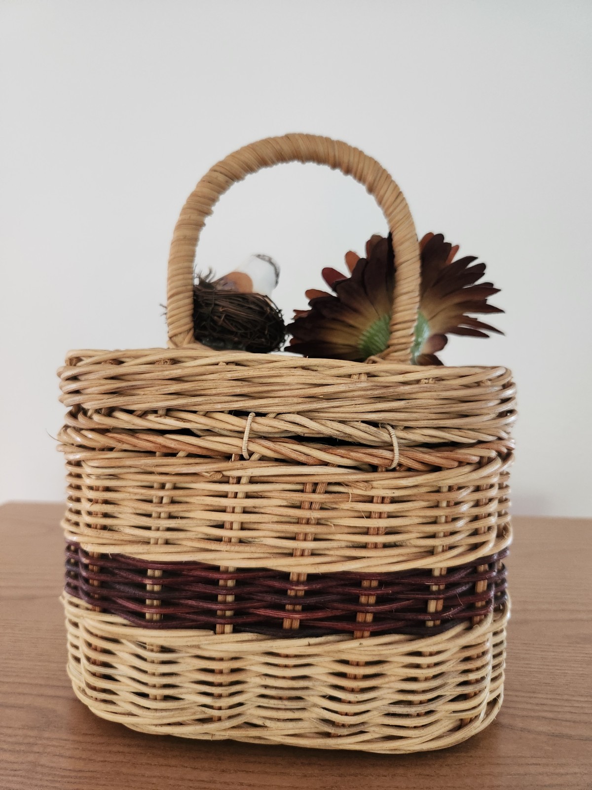 Vintage Wicker Basket Handbag Bird Nest Flower Daisy Brown Novelty Purse