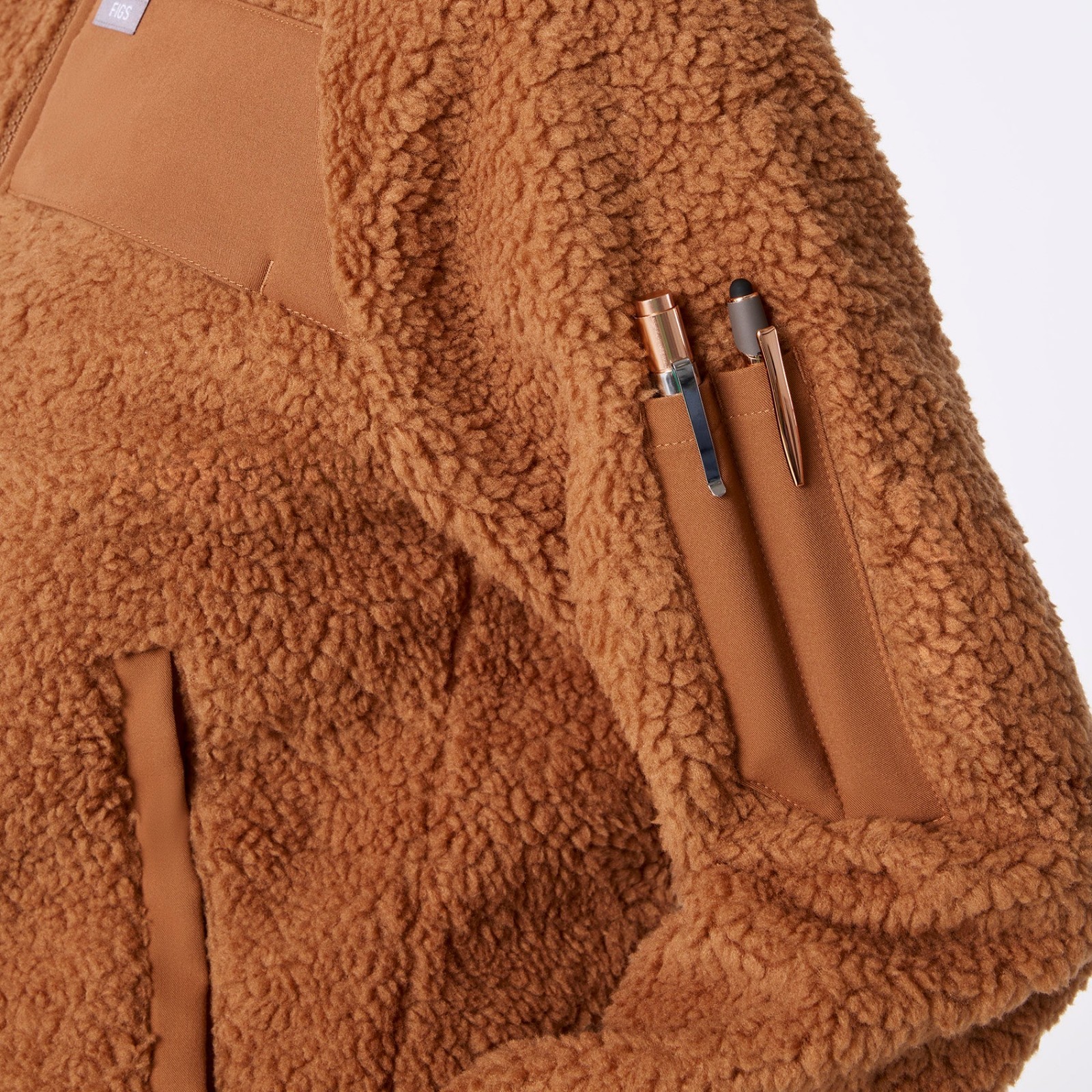 Figs On-Shift High Pile Fleece Bomber Jacket in Mocha, Size XXS