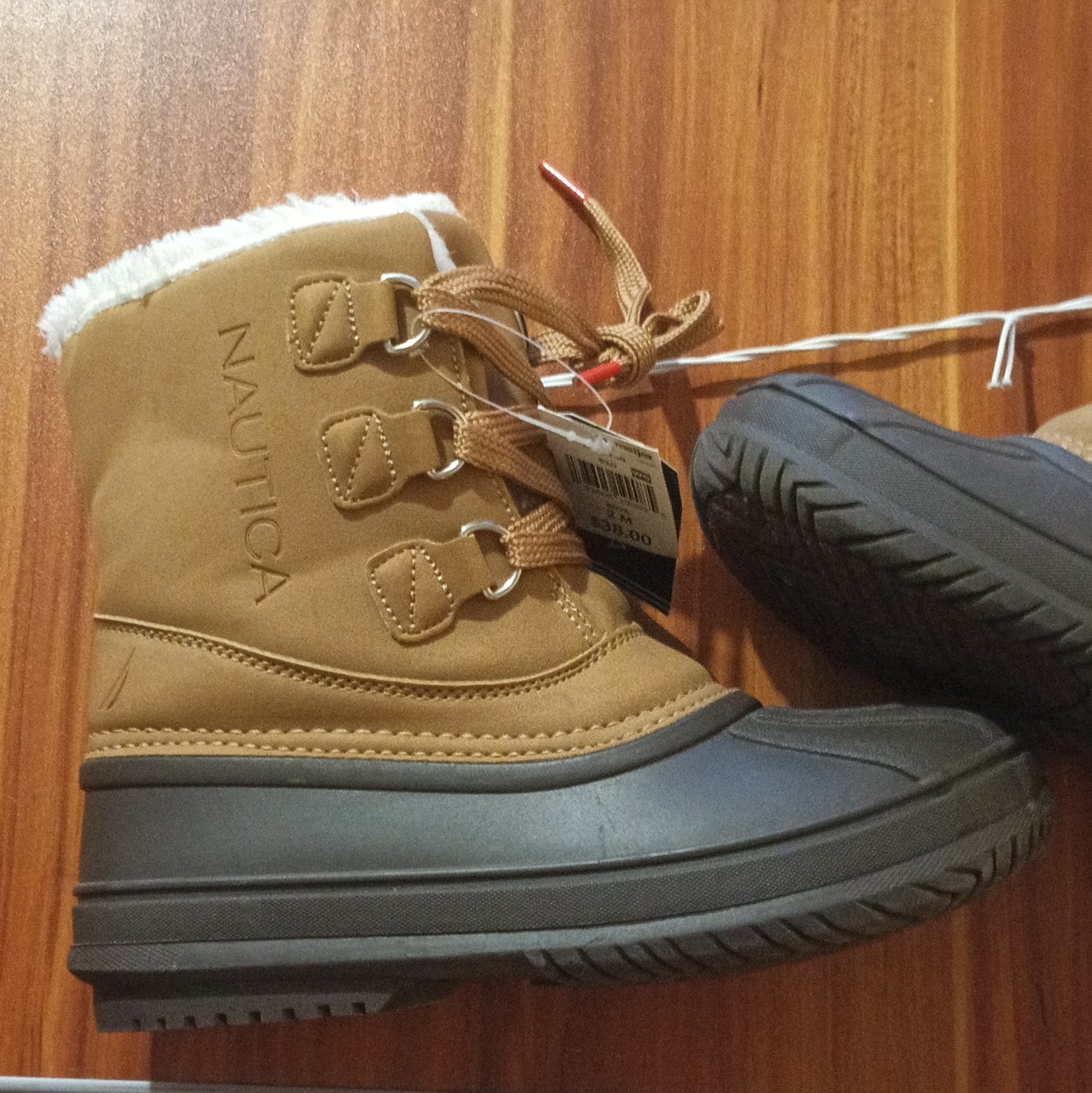 Nautica Ayce Youth Boys Snow Boots Tan/Gray Lace Up Faux Fur Lined Size 2M