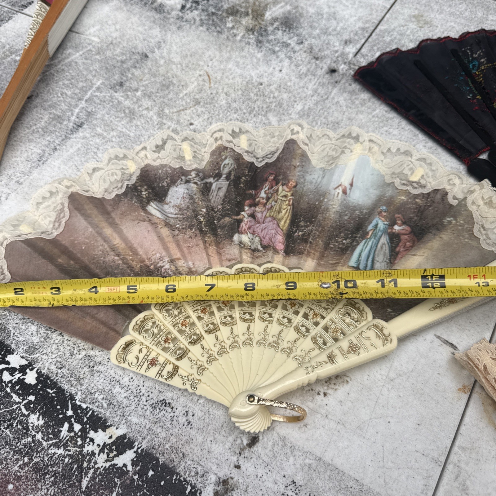 Victorian Style Multicolor Floral Hand Fan Black Lace Trim Fabric Plastic