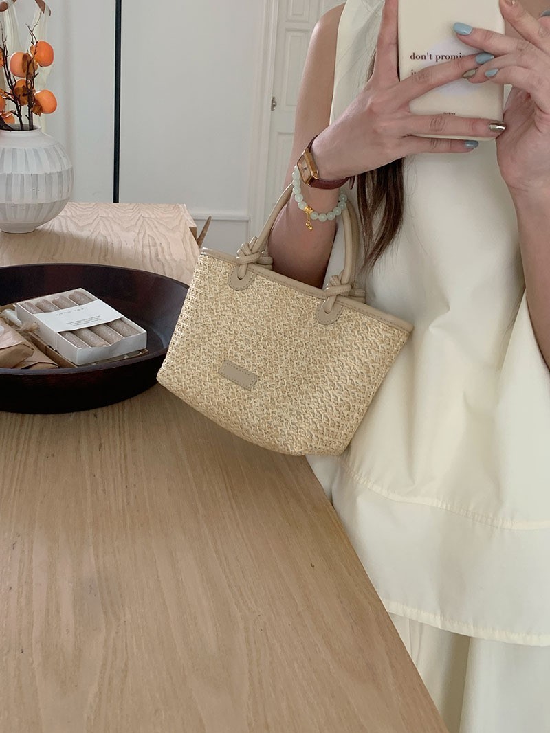 Straw Woven Crossbody Top Handle Knot Bucket Bag for Women Handbags