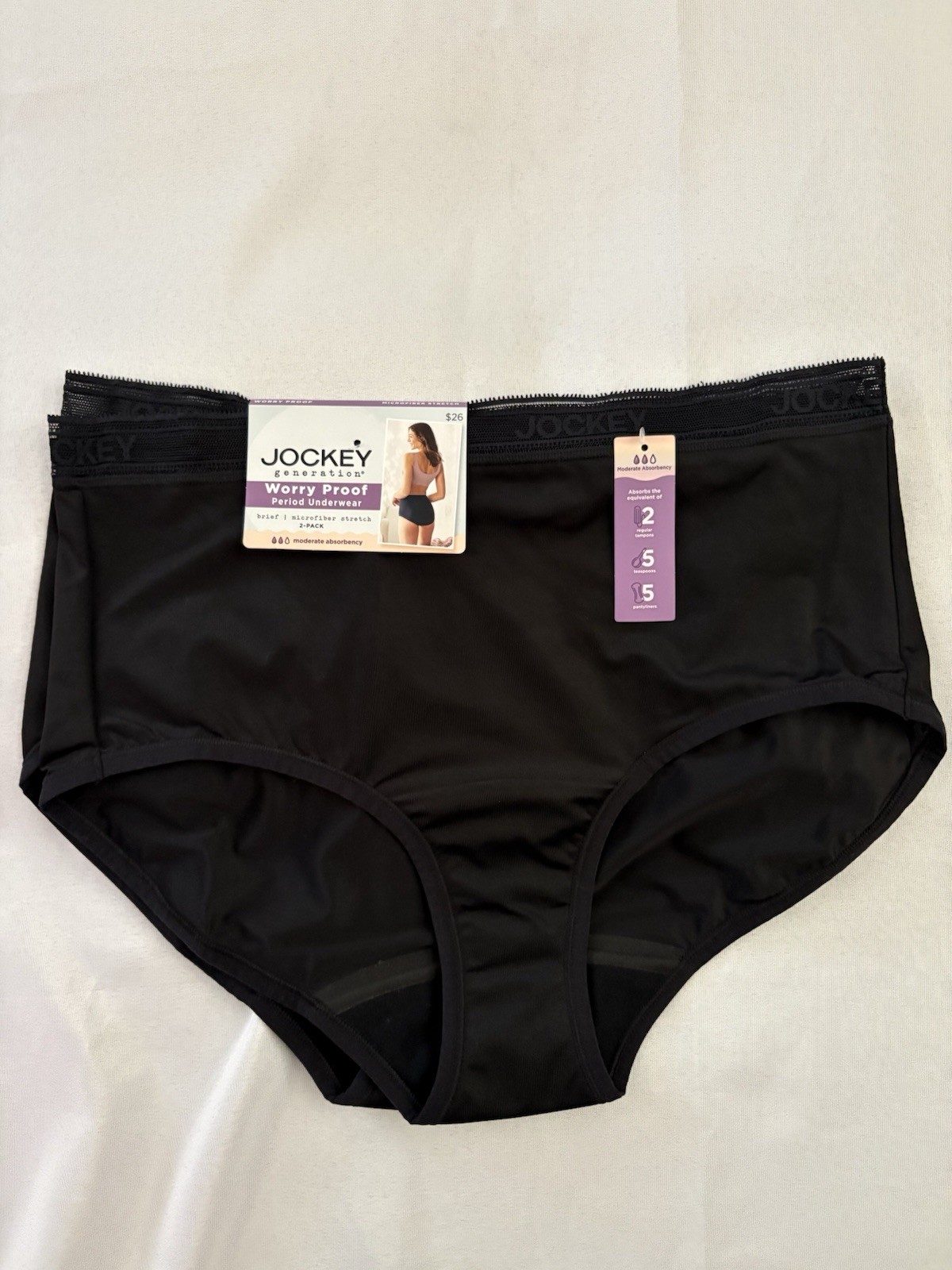 NEW Jockey Worry Proof Period Underwear Brief Panty 2 Pair Black Women’s Large