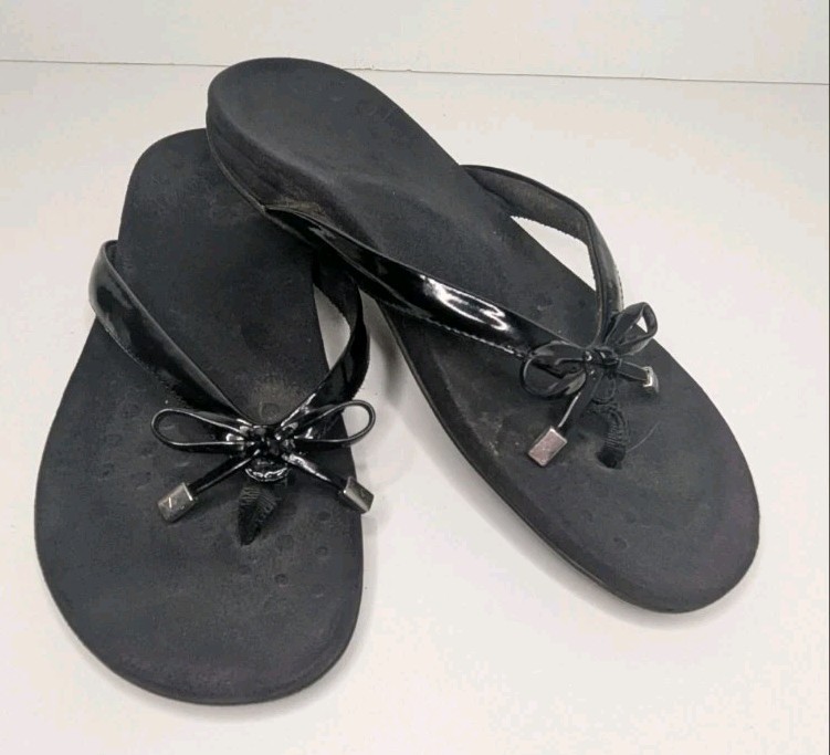 Vionic Bella II Womens 10M Black Bow Orthotic Flip Flop Sandals Orthaheel
