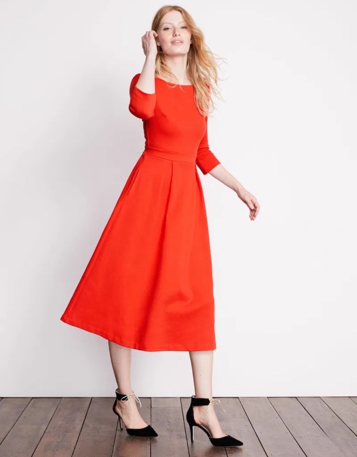 BODEN Red Holly Textured Classic Chic Holiday Fit Flare Pleated Skirt Dress 18 R