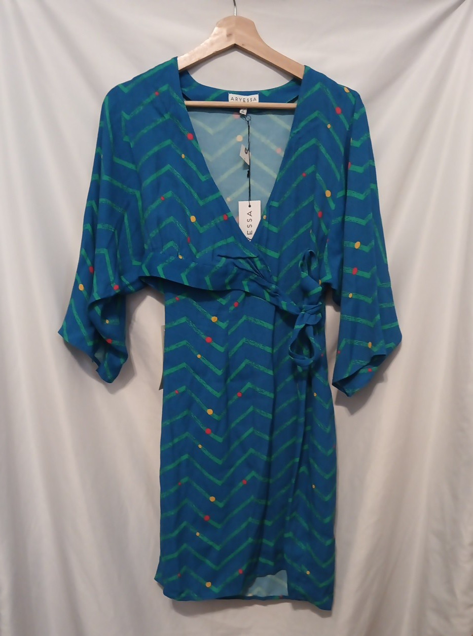 Anthropologie ARYESSA Easy Wrap Dress Women Sz 0 Blue Ocean Zig Zag