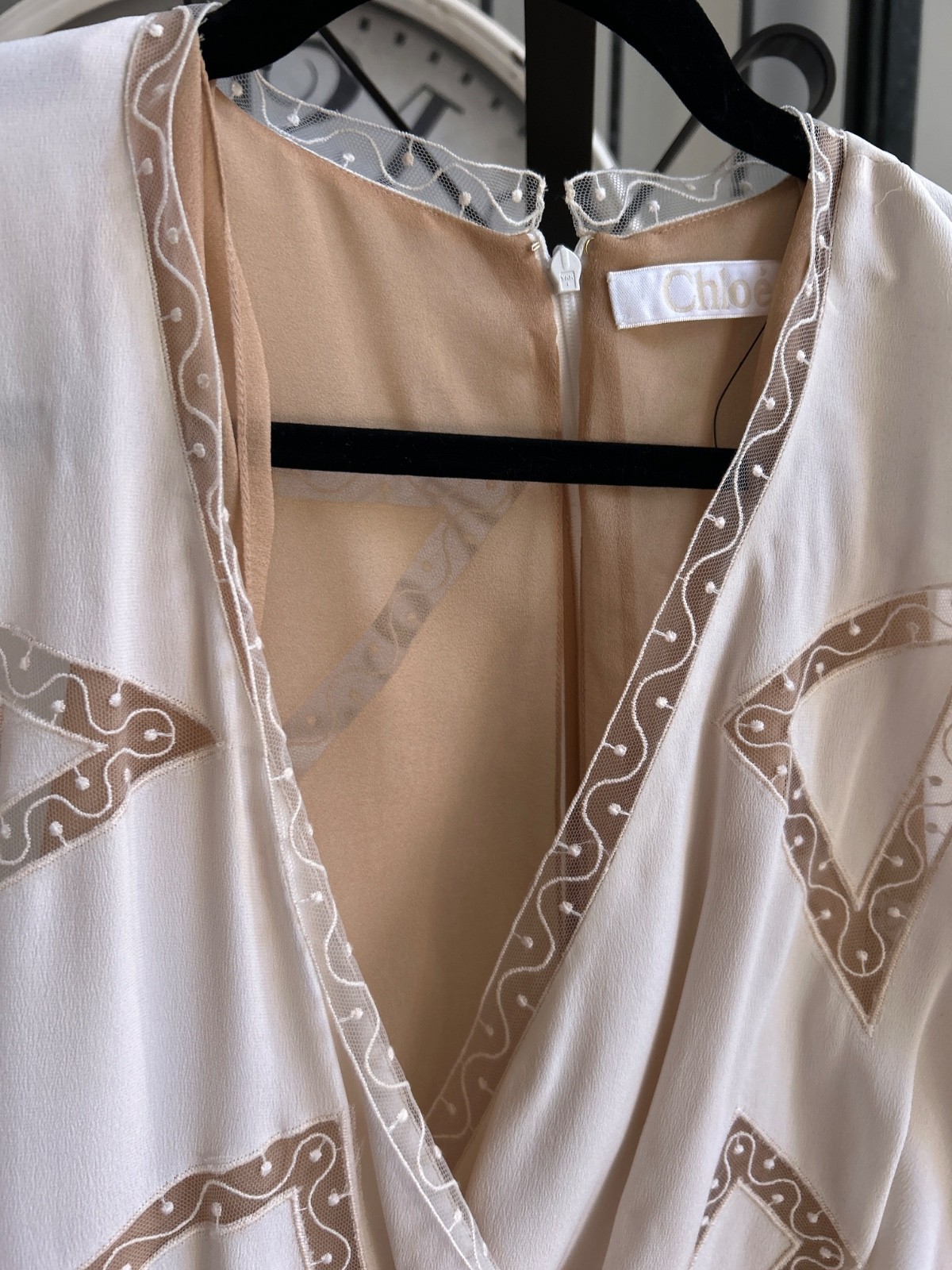 CHLOE women’s silk knee-length wrap dress – beige / milk – EU 36 / US 4 / Small