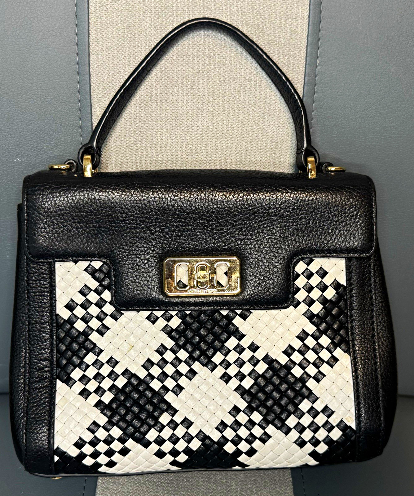 Michael Kors Small Black & White Geometric Satchel Top Handle, Turn Lock, Strap
