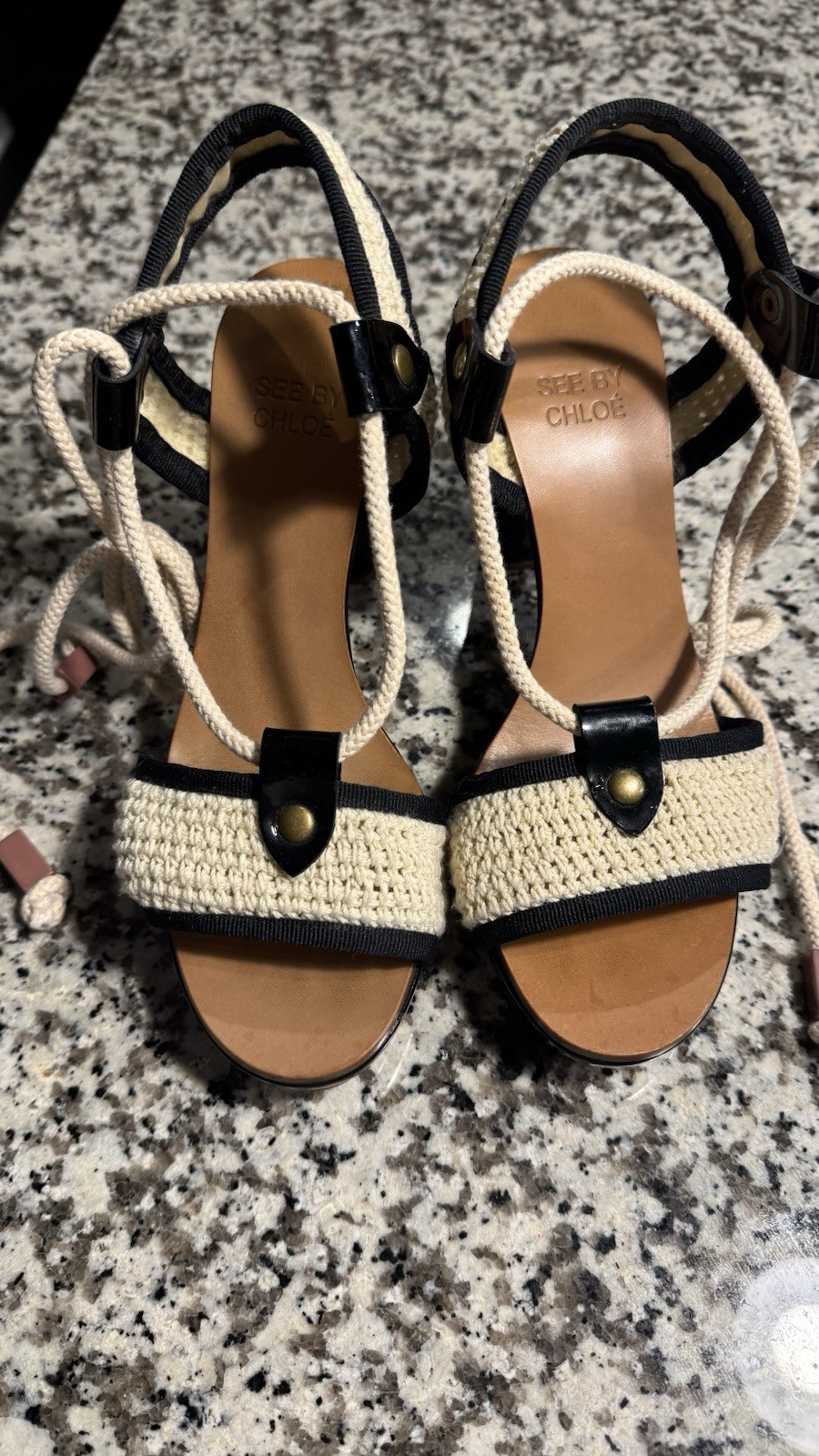 See by Chloe Glyn Espadrilles Wedge Black Leather Ankle Strap Sandals Sz 37.5