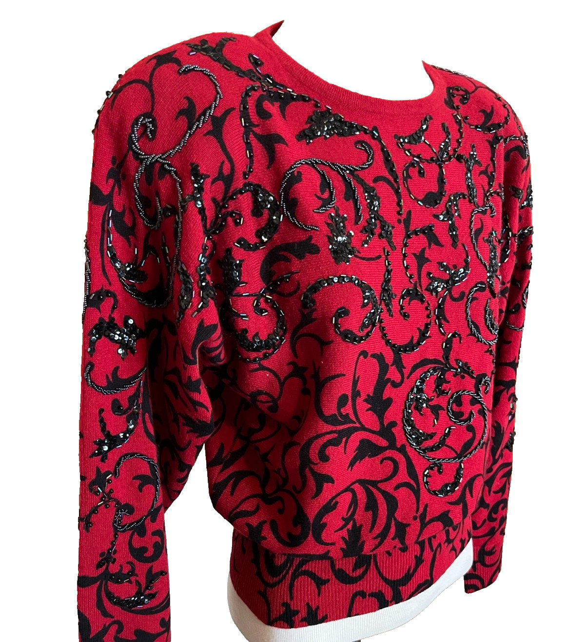 Cache Sweater Top Red Black Sequin Beaded Size Small Angora Wool Holiday Vintage
