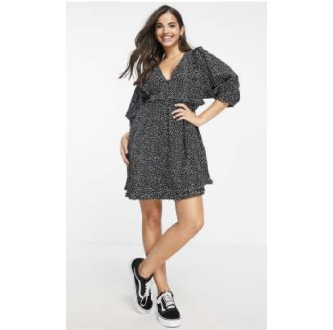 100% Cotton ASOS Design black & white polka dot ruffle Babydoll mini dress US 8