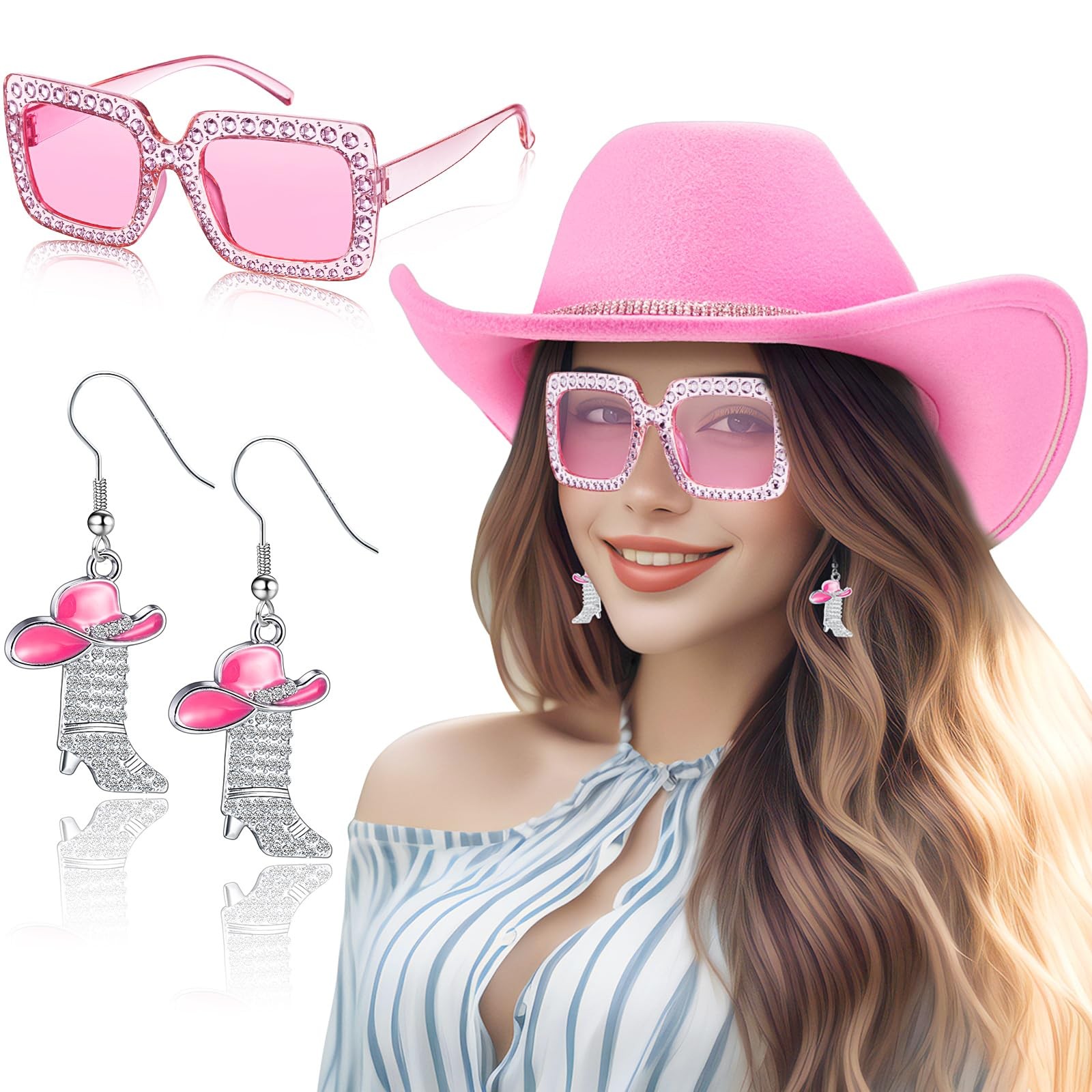 3 Pcs Cowboy Hat Cowgirl Boots Earrings Rhinestone Sunglasses Women Country W…