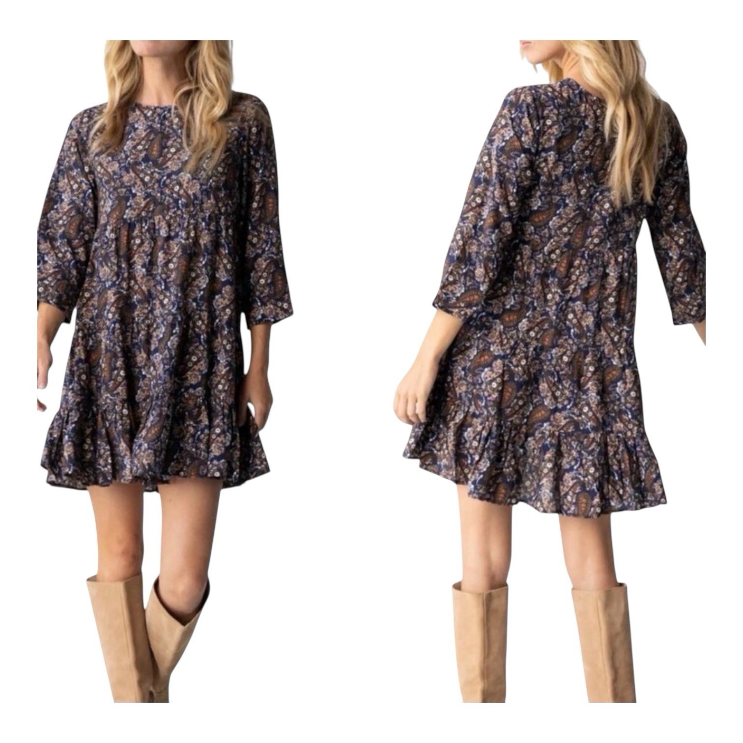 Natural Life Heidi Babydoll Dress Navy Paisley Size XL Tiered Cottagecore New