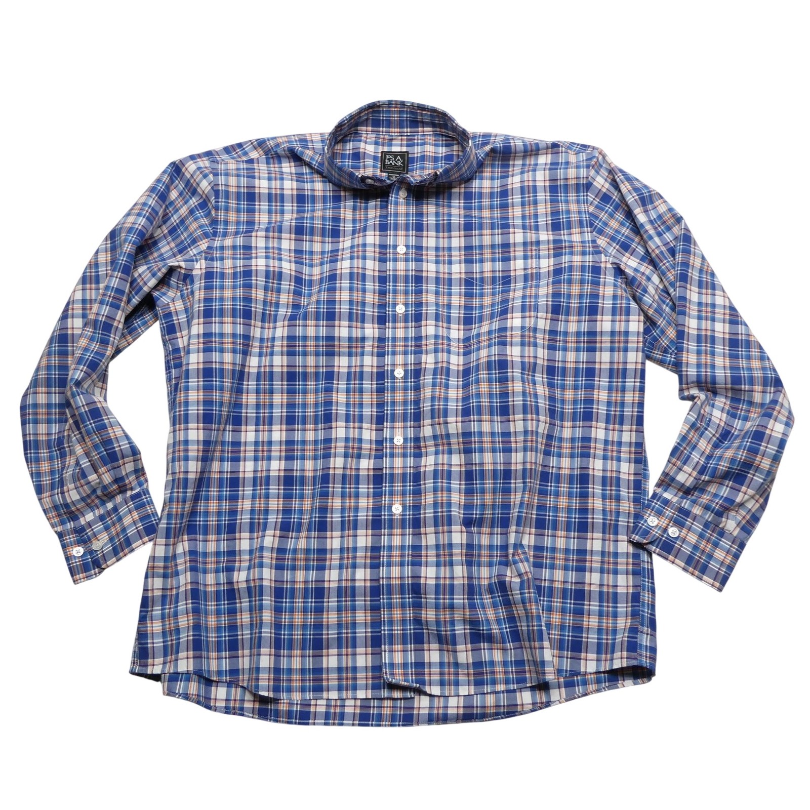 Jos. A. Bank Traveler Shirt Mens XL Blue Plaid Cotton Button Front Long Sleeve