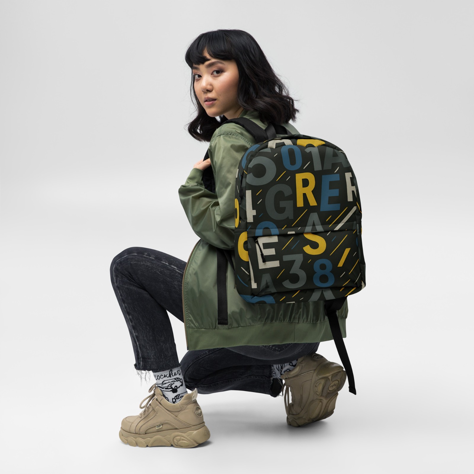 Grey Letter Print Backpack, Aesthetic Typography Design, School & Travel Bag