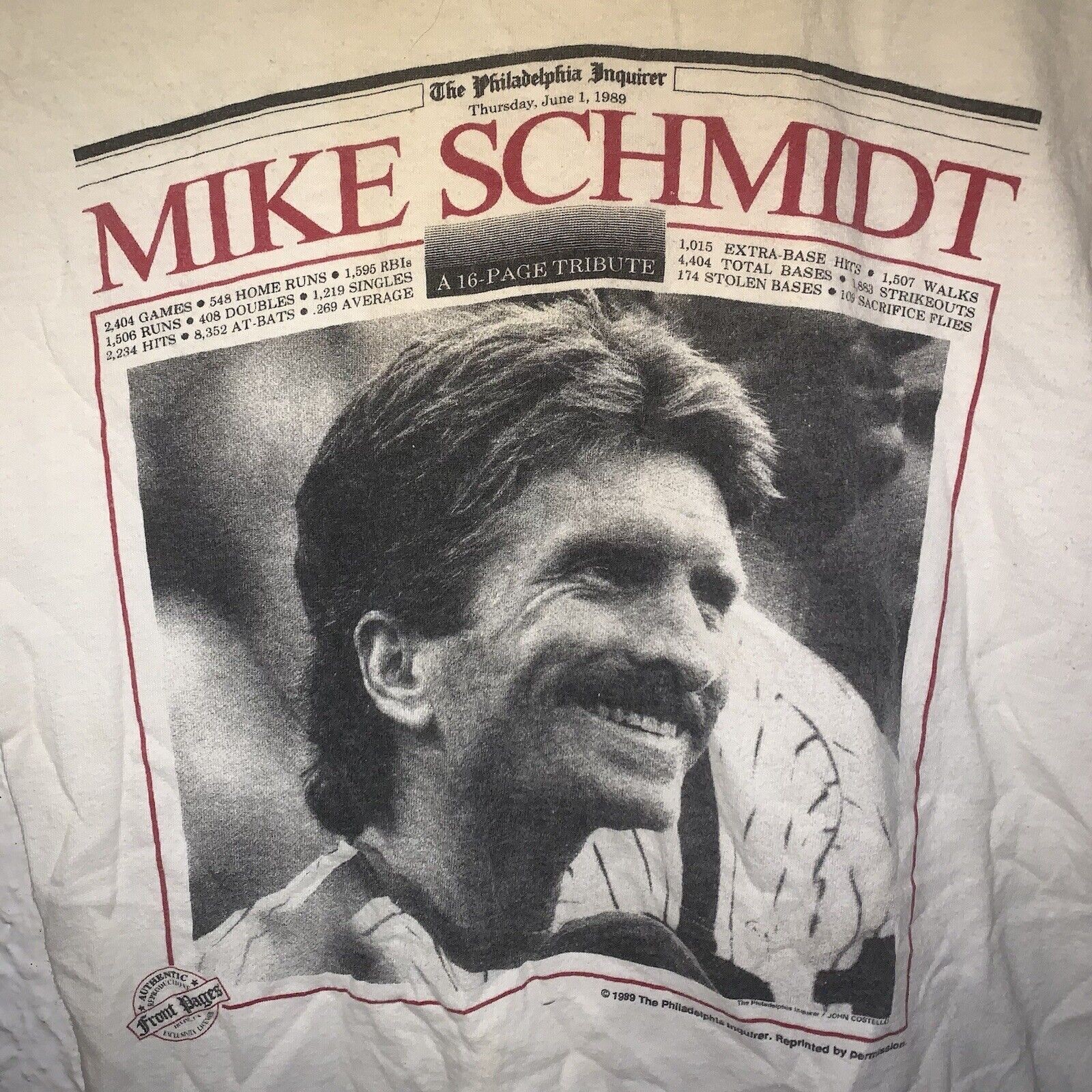 Vintage 1989 Mike Schmidt Philadelphia Phillies Front Pages MLB Stedman Shirt S